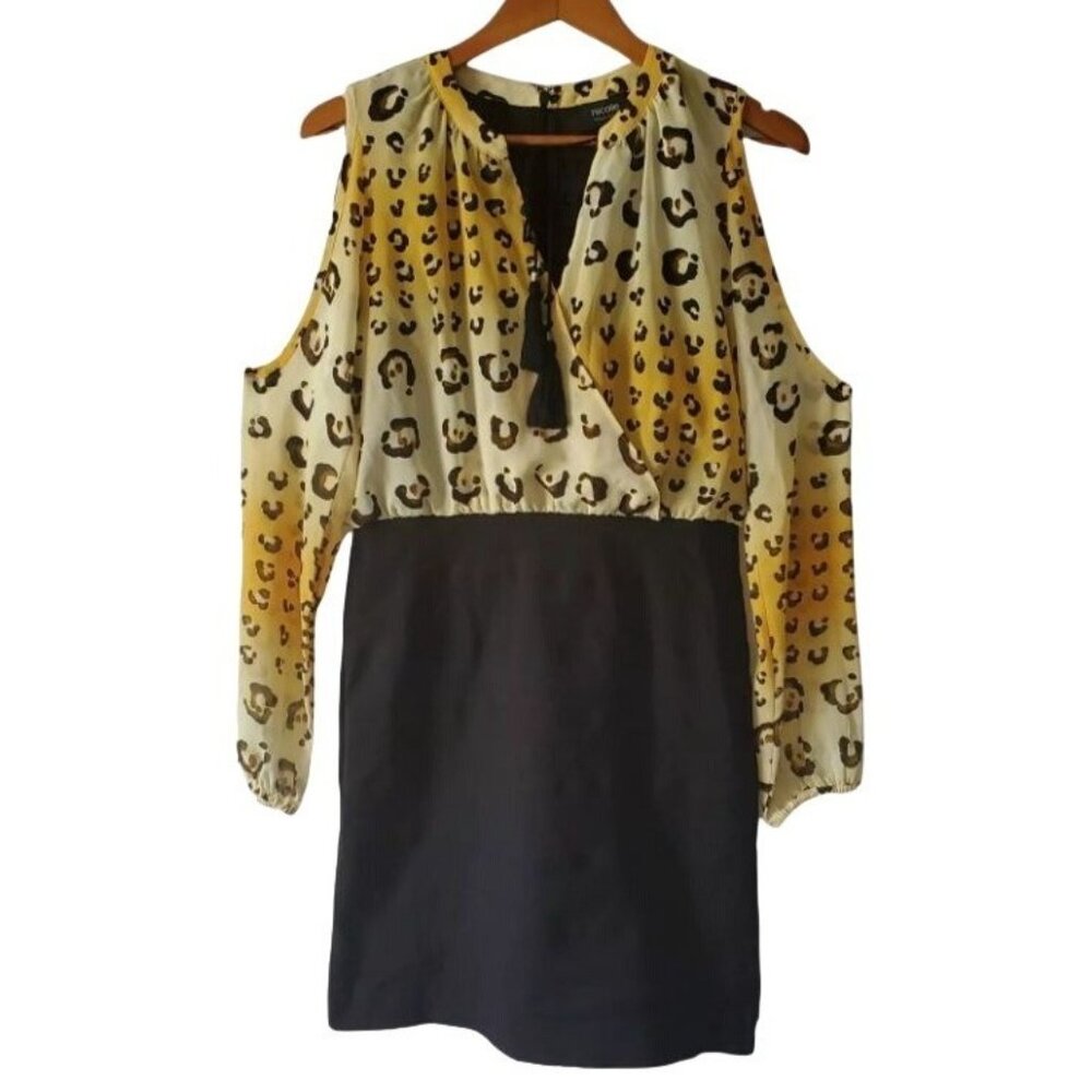 Nicole Miller Women's Leopard Print Top Black Bottom Cold Shoulder Dress Size 8 - Picture 2 of 13